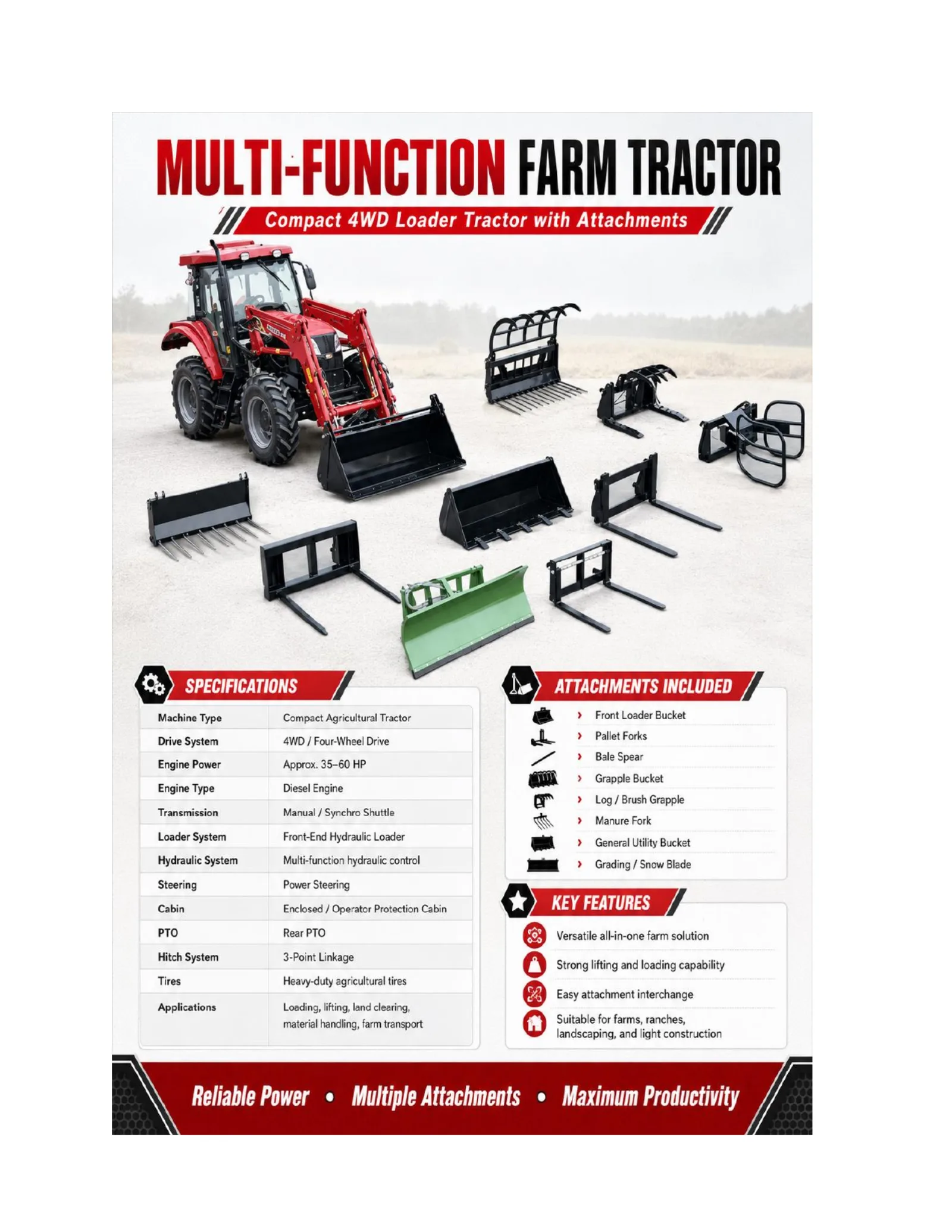 Multi-Function Farm Tractor (Compact 4WD Loader)